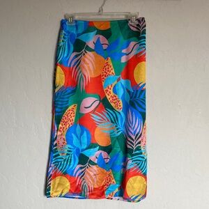 Dress Forum Midi Skirt Multicolor Tropical Satin Floral Print Elastic Waist M